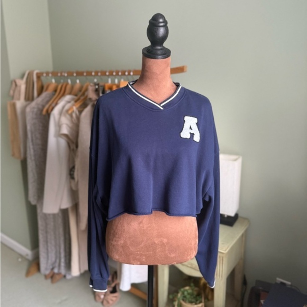 Divided Varsity Crop V Neck Sweater